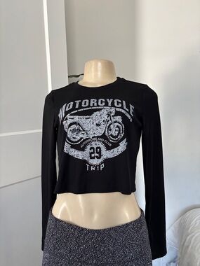 Dazy Black Ribbed Cropped Long Sleeve Motorcycle Print Shirt